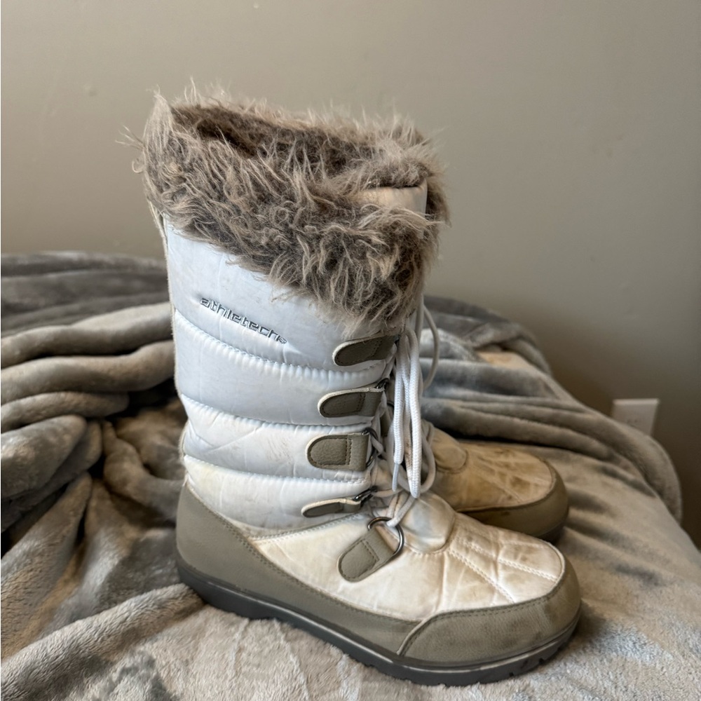 White and Gray Winter Boots with Fur Trim